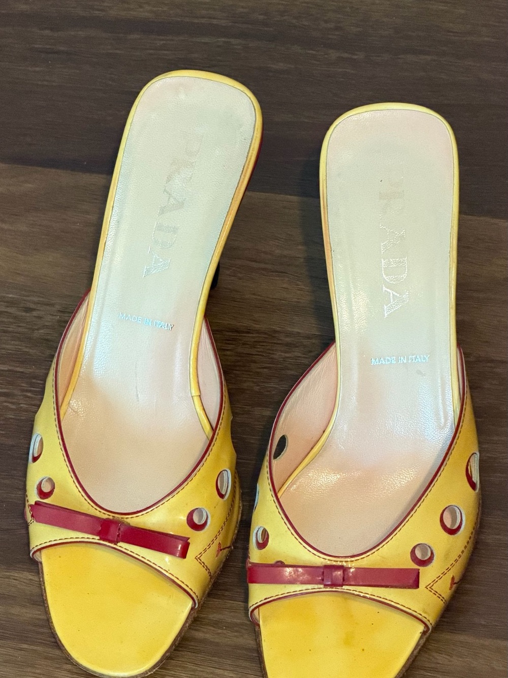 Prada Yellow Leather Open-Toe Slide Sandals with Red Trim